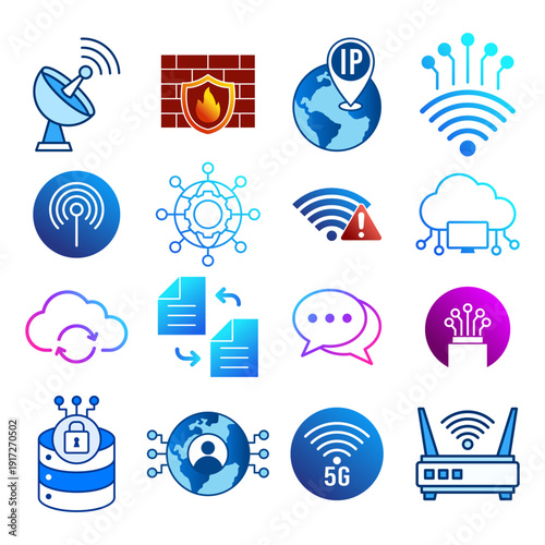 Global Network Technology Icon Set with Cloud Server Security and Connectivity Symbols