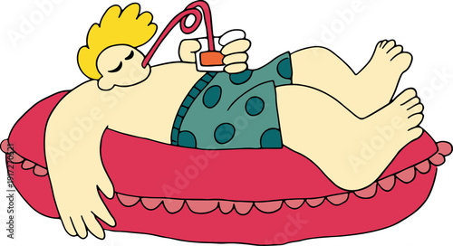 A young blonde man in swimming trunks is relaxing and lying on a large red inflatable water mattress and drinking a drink, full size, hand drawn with black, curved grunge lines