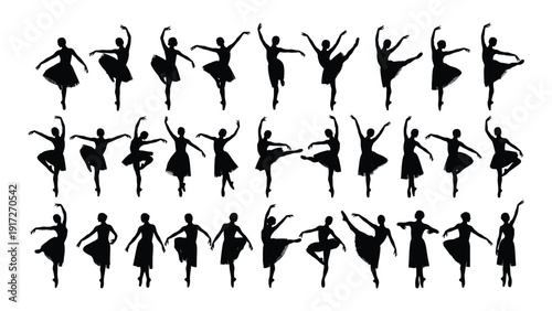 A collection of ballerinas in various dance poses and positions isolated on white background, Vector