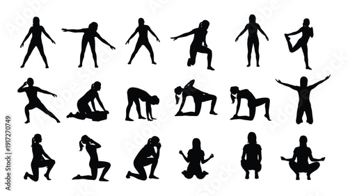 A diverse collection of black silhouettes depicting various human figures in different poses and activities. isolated on white background, Vector