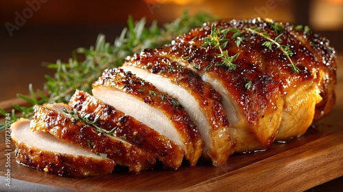 Delicious Roasted and Sliced Pork Loin with Herbs on Wooden Board