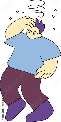 A young man with spiral eyes suffers from severe dizziness and holds his head, full size, hand drawn with black, curved grunge lines