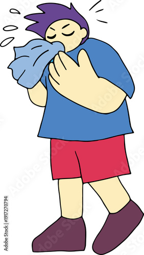 A young man in a blue T-shirt with a runny nose or allergies blows his nose into a handkerchief, full size, hand drawn with black, curved grunge lines