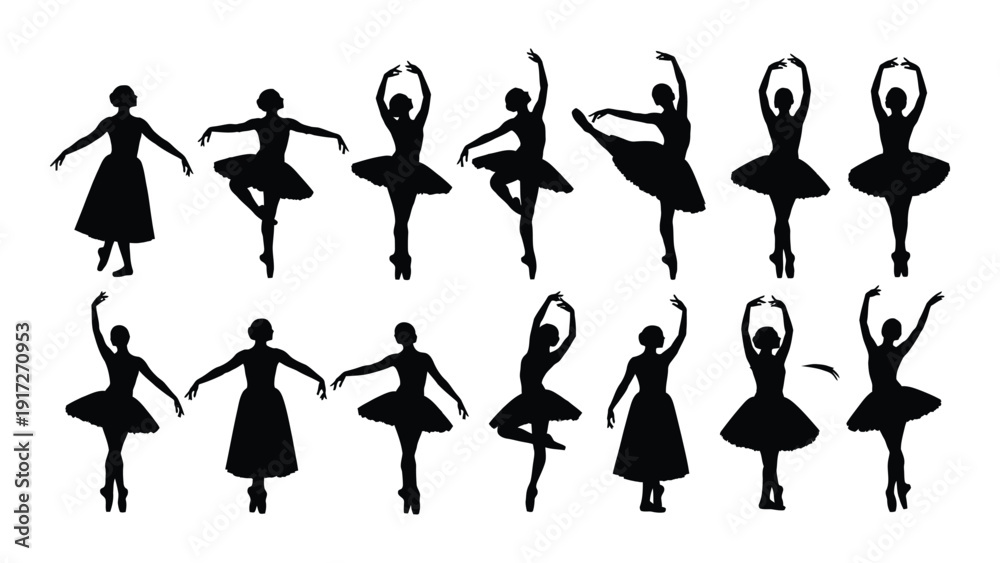 Obraz premium Graceful ballerinas in various elegant poses and tutus isolated on white background, Vector
