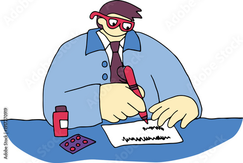 A male doctor in a blue coat wearing glasses sits at a table and writes out a prescription for medications, hand drawn with black, curved grunge lines
