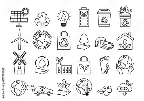 Renewable Energy Outline Icon Collection with Eco Sustainability and Green Power Symbols