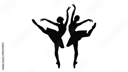 Two dancers in mid-jump with arms raised, silhouetted against a white background. isolated on white background, Vector