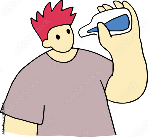 A young man with red tousled hair holds a bottle of liquid in his hands and wants to drink, hand drawn with black, curved grunge lines
