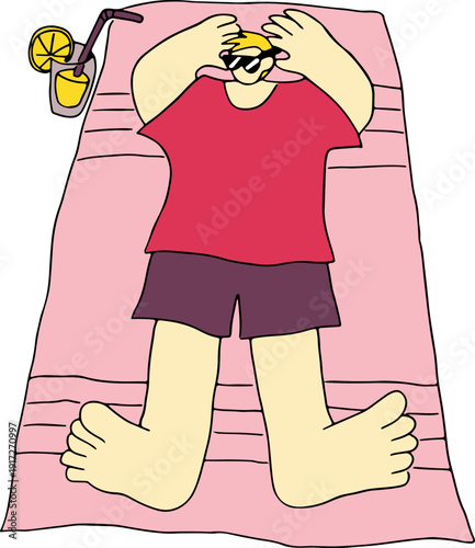 A young man in sunglasses in a red T-shirt lies down on a pink rug, rests, and sunbathes, full size, hand drawn with black, curved grunge lines