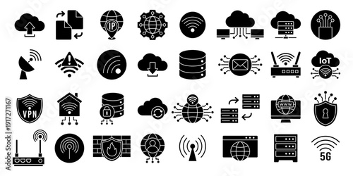 Technology Solid Icon Collection with Cloud Computing Network and Data Symbols