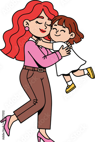 Cartoon parent and child illustration in loving embrace, joyful family bonding, affectionate relationship, lifestyle parenting scene, and playful character design
