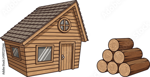 Cartoon wooden cabin illustration with stacked logs, rustic forest house, rural lifestyle, natural construction, countryside dwelling, and cozy outdoor scene