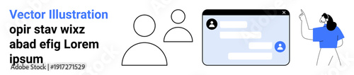 Online communication, teamwork, messaging, user interaction, collaboration, social networking. Chat interface with user avatars and female character pointing. Online communication and teamwork idea
