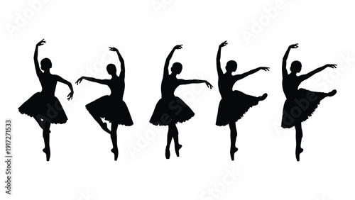 Graceful ballerinas in black tutus performing a synchronized dance routine isolated on white background, Vector