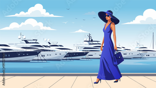 Elegant woman in blue dress and hat walking on dock with luxury yachts in vector illustration style 37.eps