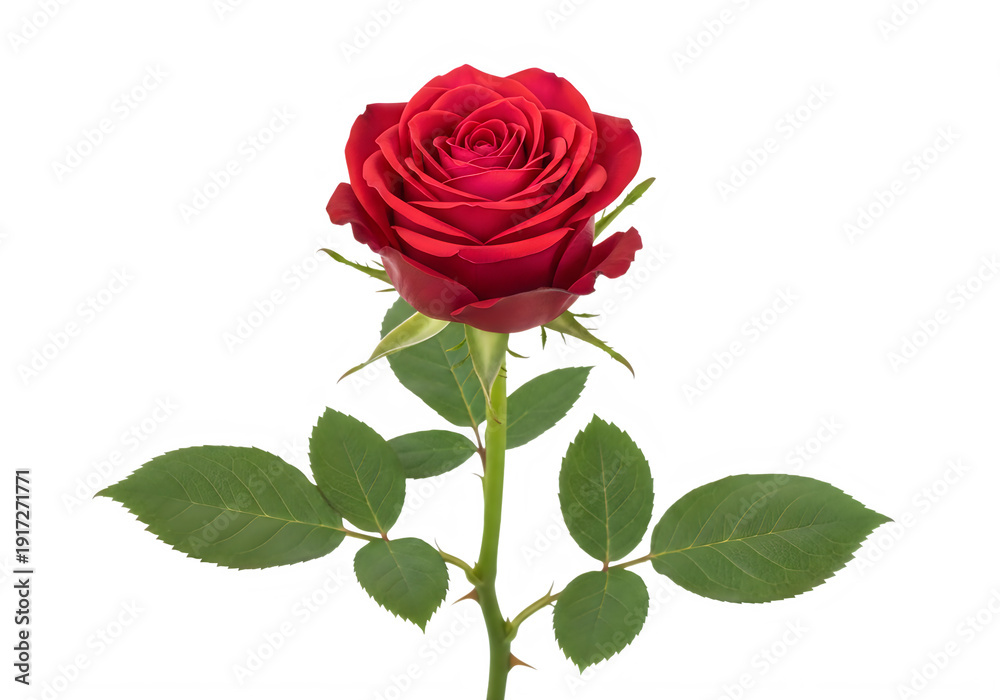 Fototapeta premium A single red rose with green leaves isolated on transparent background