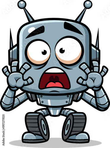 A cartoon robot with a shocked expression on its face