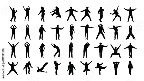 A collection of diverse human figures in various dynamic poses and activities isolated on white background, Vector