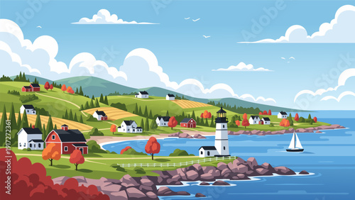 Serene coastal village scene with lighthouse, sailboat, houses, trees, and mountains in a colorful vector illustration 35.eps