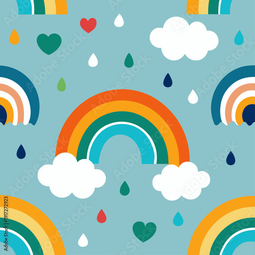 Colorful seamless pattern with rainbows clouds hearts and raindrops on blue background