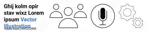 Communication, teamwork, technology, audio recording, digital collaboration, workflow management. Group of people, microphone and gear icons. Communication and teamwork through icons