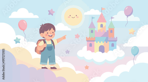 A young boy in overalls pointing at a colorful fantasy castle in the sky.
