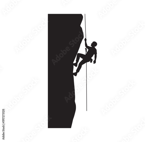 man climbing a steep cliff face with a rope  adventure sports
