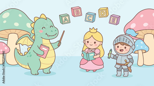 Cartoon illustration of a princess, knight, and friendly dragon in a fantasy setting.