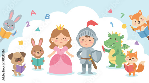 Cartoon illustration of a prince and princess surrounded by fantasy creatures and animals.
