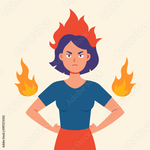 Illustration of an angry woman with fire on her head and hands on hips expressing rage