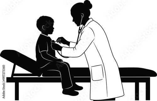 Silhouette of doctor performing routine pediatric check-up with stethoscope on child patient, representing healthcare, medical care, and diagnostics