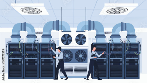 Vector illustration of technicians performing maintenance in a data center, checking servers and cooling systems