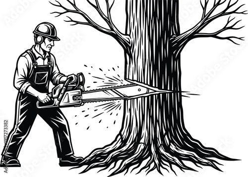 Silhouette of forestry worker using chainsaw to cut down large tree with protective gear, helmet, earmuffs, and safety equipment