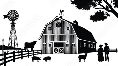 Traditional Farmhouse Silhouette with Windmill Livestock Animals and Farmer Couple for Countryside Rural Life Agriculture and Barnyard Concept Design