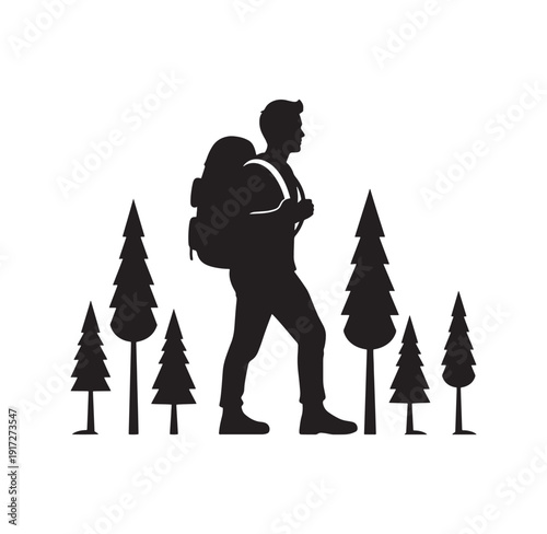 man hiking in forest with trees and backpack on white background