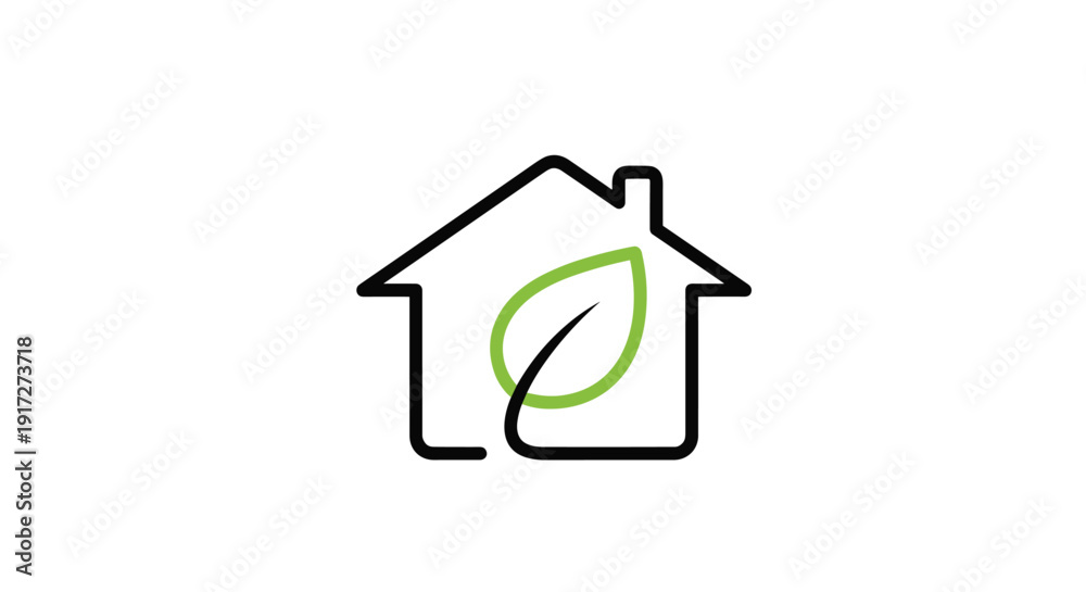 Obraz premium Minimalist black outline of a house featuring a vibrant green leaf inside to represent eco-friendly living and sustainable architecture concepts.