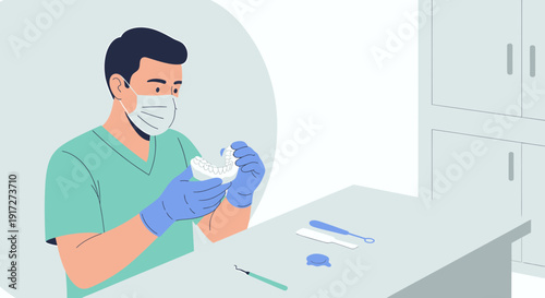Dentist Examining Dental Mold with Tools in Clinic