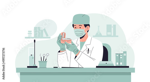 Dentist Examining Dental Prosthesis in Modern Clinic
