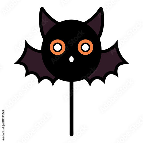 Cute black bat lollipop icon with orange eyes and purple wings for halloween celebrations.
