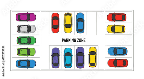 Top-down view illustration of a designated parking zone with various colorful vehicles neatly parked in stalls on a clean white background.