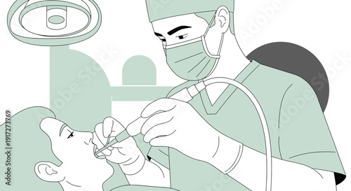 Dentist examining patient's teeth with drill in dental clinic, illustration