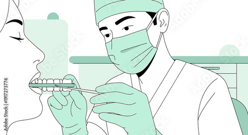 Dentist examining patient's teeth with tools, modern dental clinic illustration