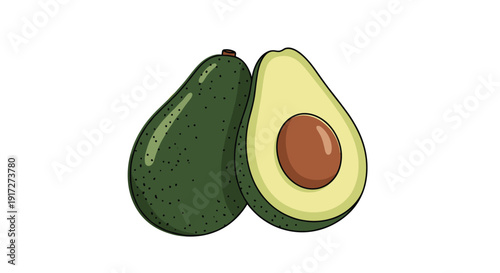 Detailed illustration of a whole dark green avocado paired with a sliced half showing the pale yellow flesh and large brown central pit.