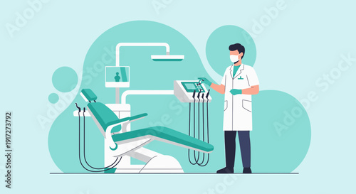 Dentist in Clinic with Modern Dental Chair and Equipment