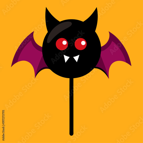 Cute halloween bat lollipop illustration with red eyes and purple wings on orange background