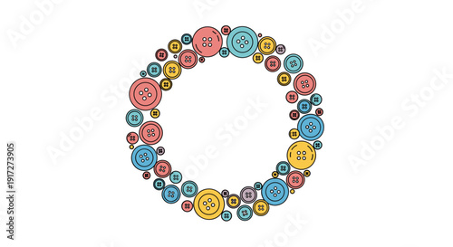 Creative circular frame made from a variety of colorful sewing buttons in different sizes and shades of pink, blue, yellow, and red on white.