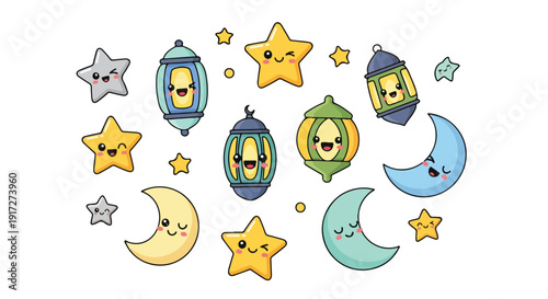 A collection of cartoon celestial bodies and lanterns with smiling faces on a white background in a whimsical and dreamy mood with pastel colors.