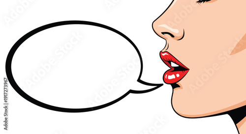 Pop art style illustration of a woman's profile with red lips and a large empty speech bubble for text against a clean white background.