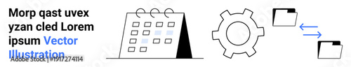 Calendar with highlighted dates, gear icon, and folders connected by arrows symbolizing productivity, workflow, task automation. Ideal for productivity, planning, workflow, automation business