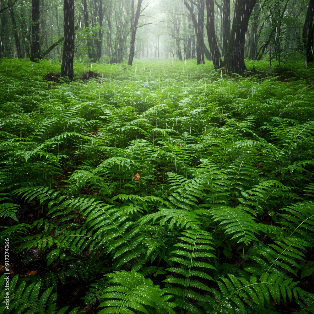 Fototapeta premium A serene forest landscape with lush greenery and tall trees.